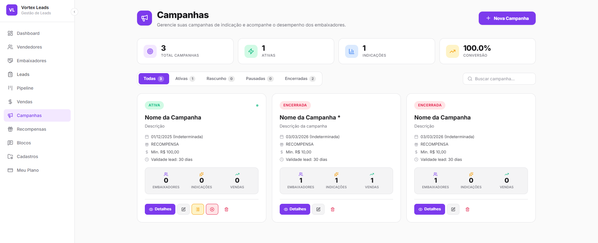 VortexLead Campanhas — Gestão de campanhas de indicação